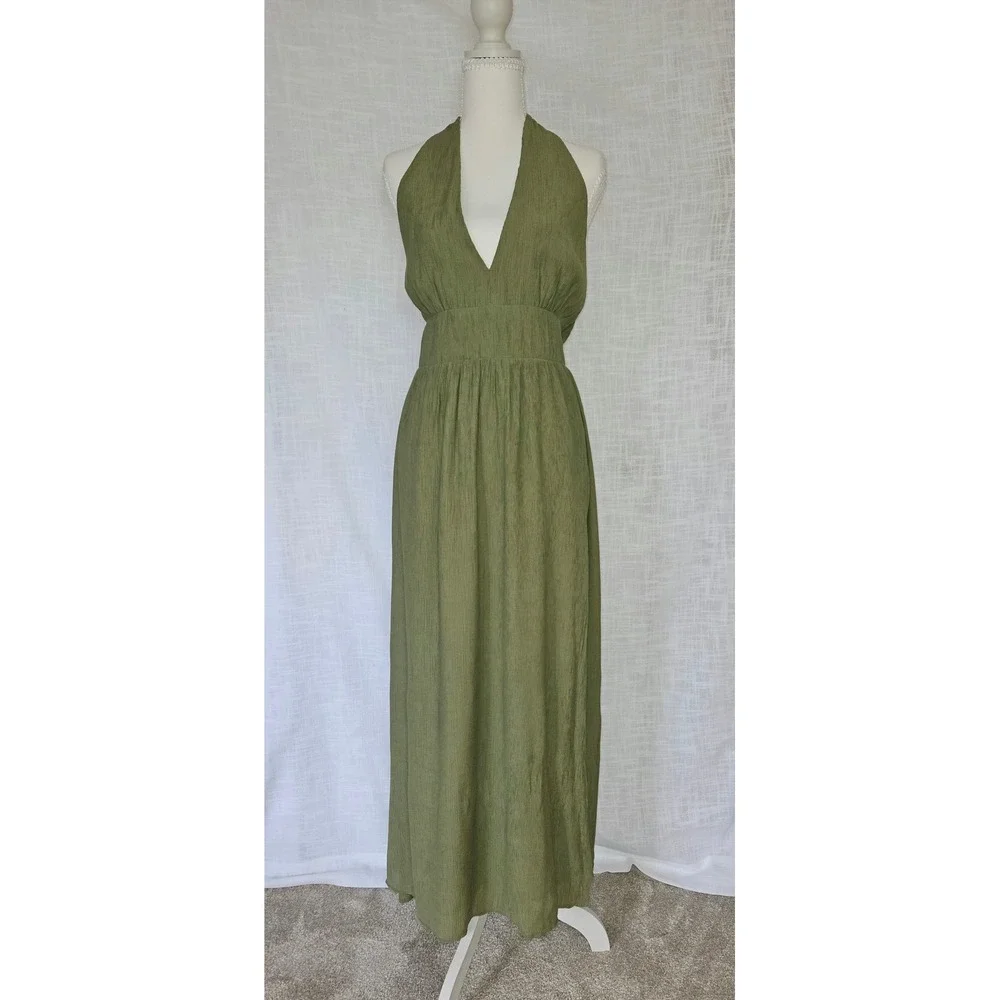 Abercrombie & Fitch Maxi Dress Women Large Olive Green Halter Open Back Wedding